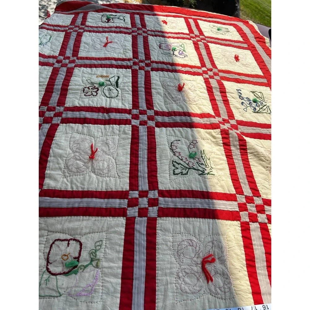 Redwork Quilt Hand Embroidered Botanical Flower Blocks Red White 60